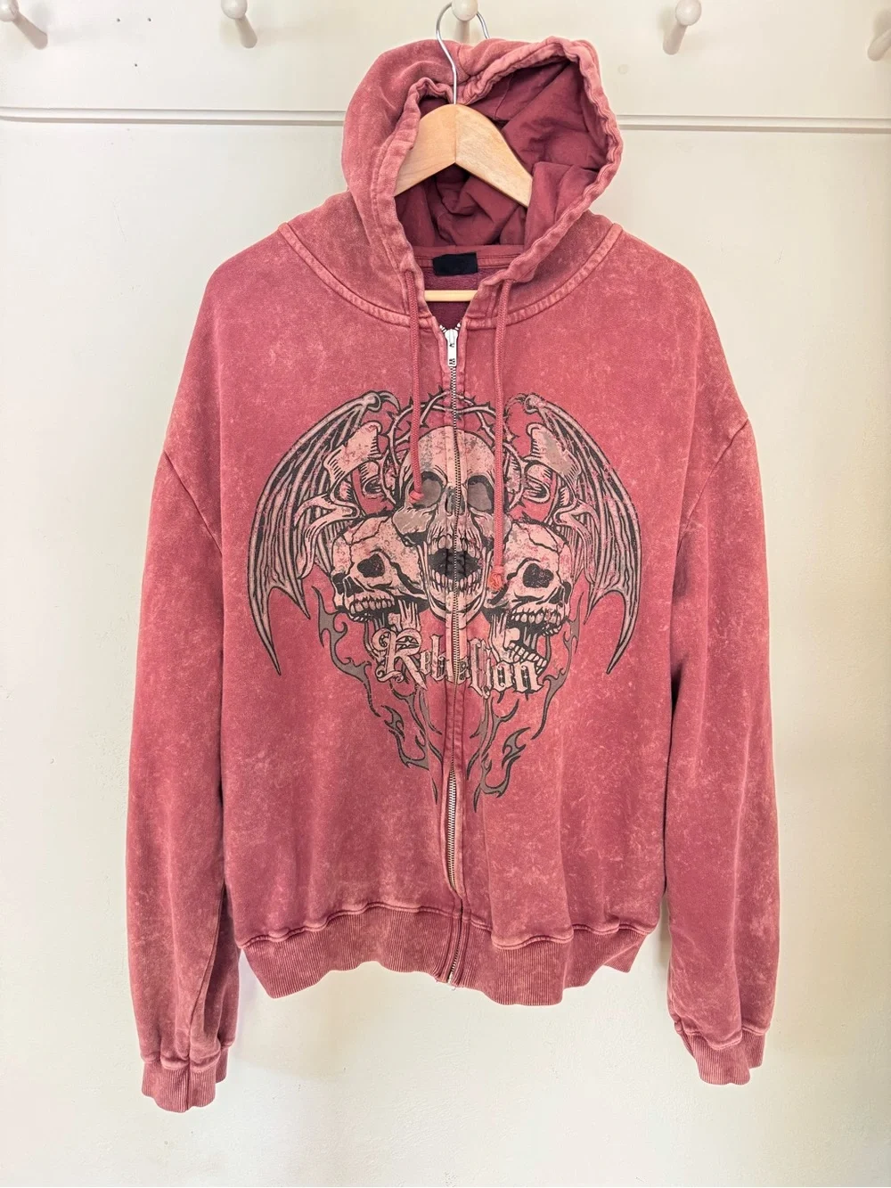 Minga London Rebellion Skull Graphic Zip-Up Hoodie XL Acid Wash Goth Grunge Y2K
